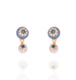 Diamond Earrings with Emerald Fancy Blue Diamond and Pearls