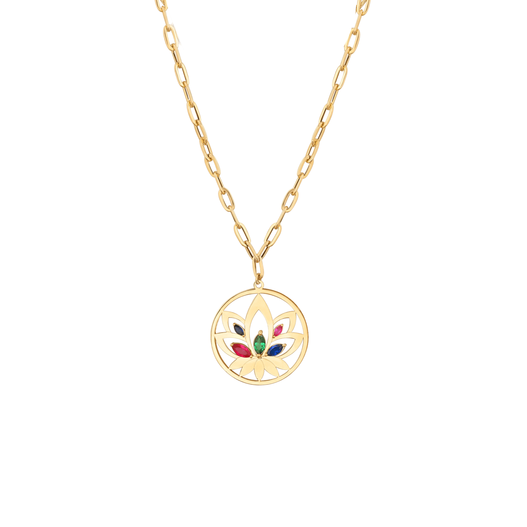 4557883480 Lotus Gold Necklace with colored stones - Image 1