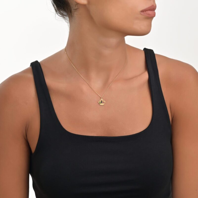 Lotus Gold Necklace with colored stones - Image 2